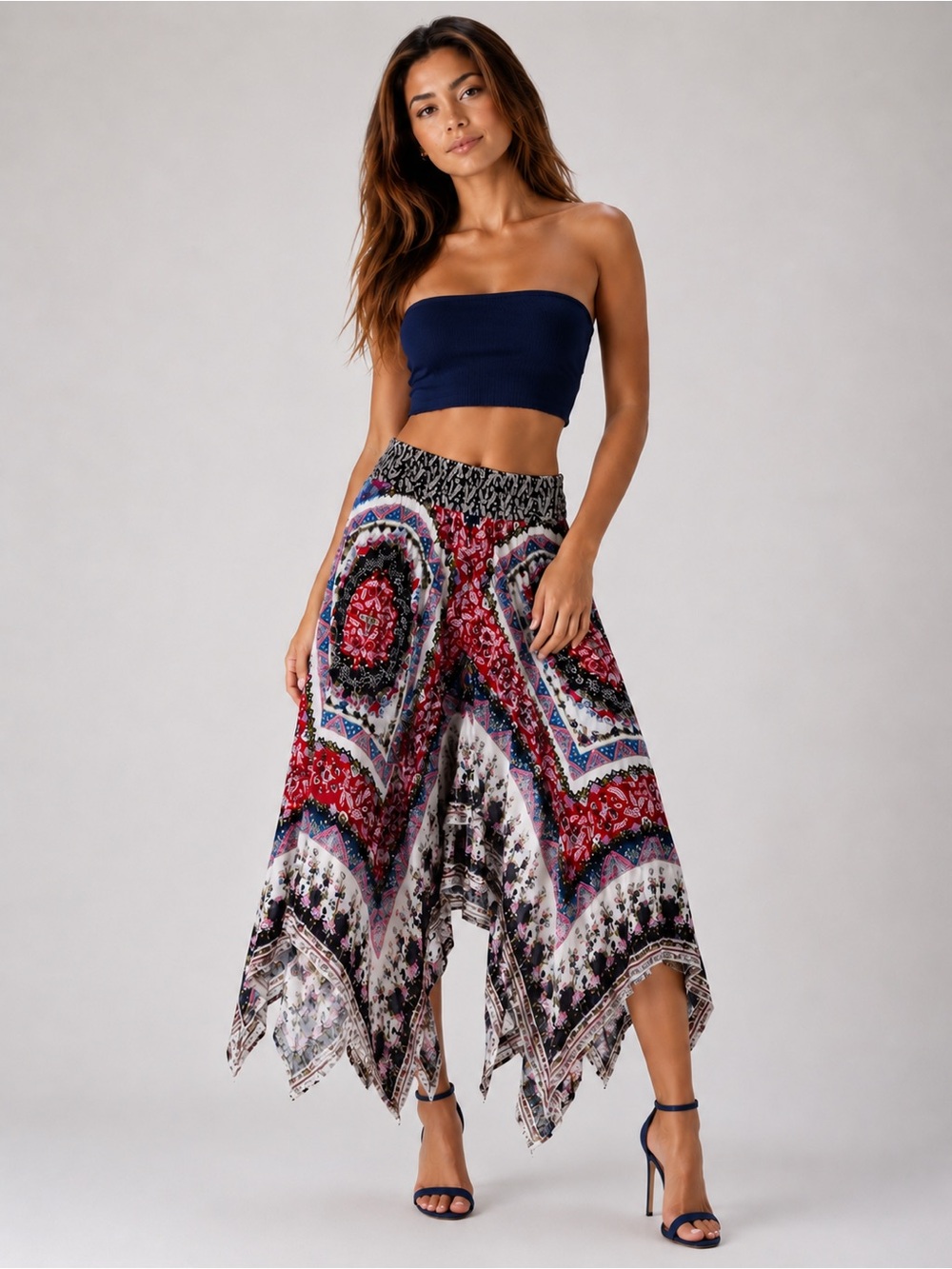 Westport Navy and White Printed Smocked Waist Skirt